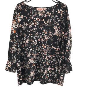 EVRI Blouse Floral Bohemian Side Ties V Neck Bell Sleeve Womens 1X Peplum Top